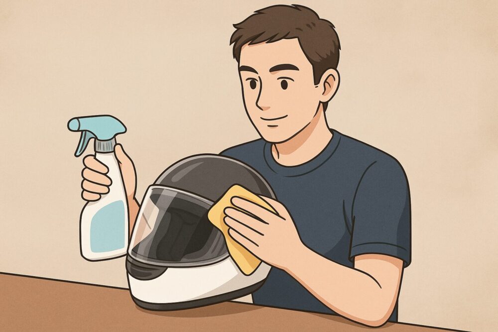 バイクのヘルメットを手入れする男性